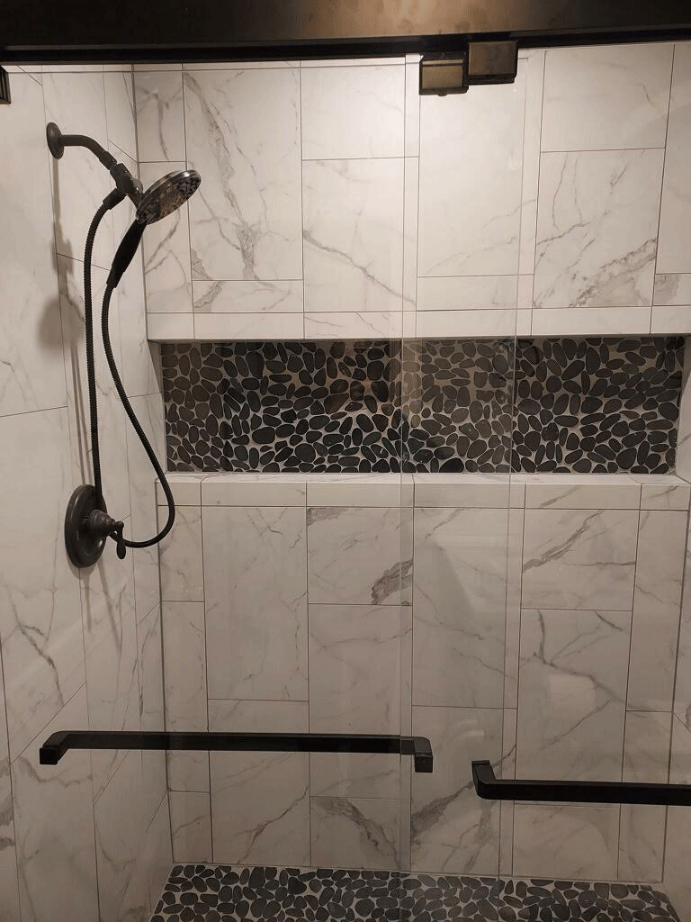 Hall bath remodel in Lewisburg. Walk in shower, new plumbing and electrical. We designed this bathroom from start to finish. Everything included.